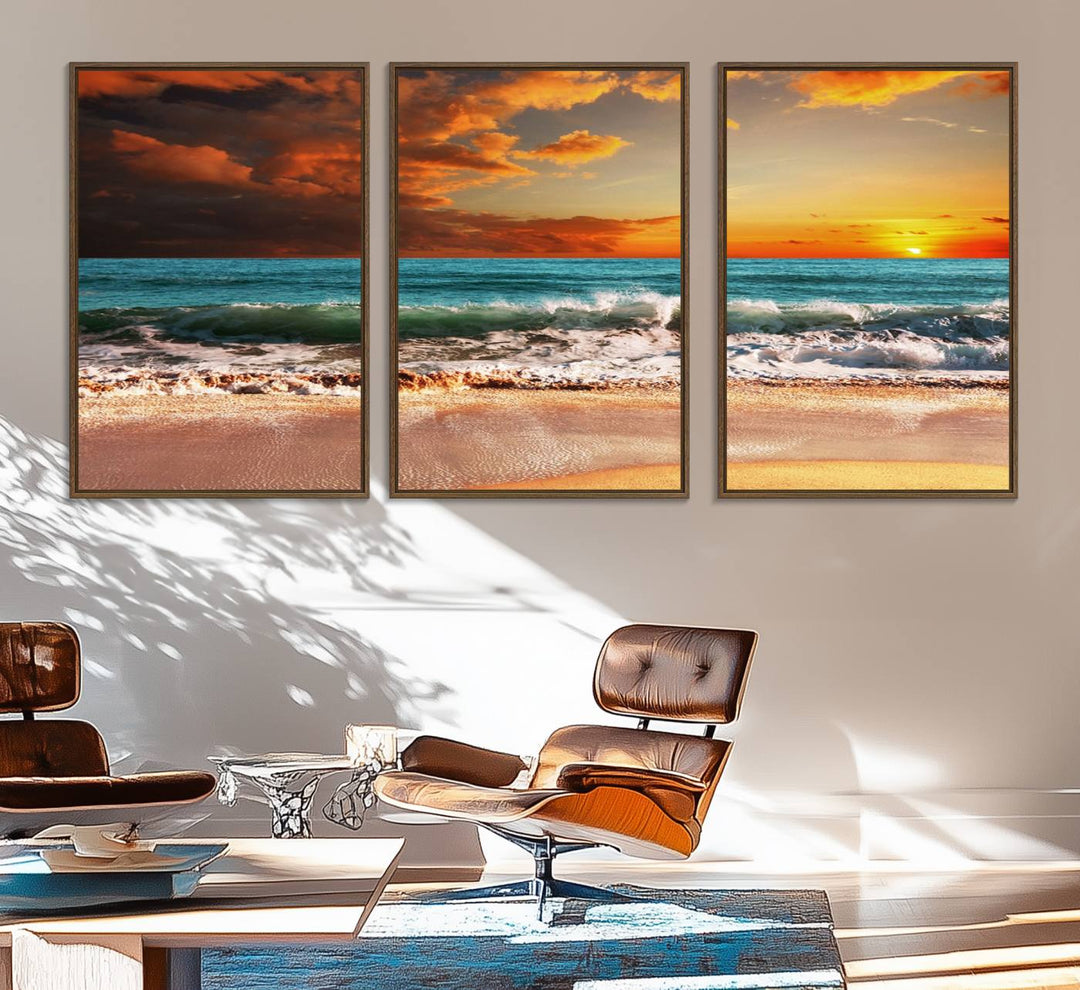 A Golden Sunset Beach triptych seascape canvas hangs on the wall.