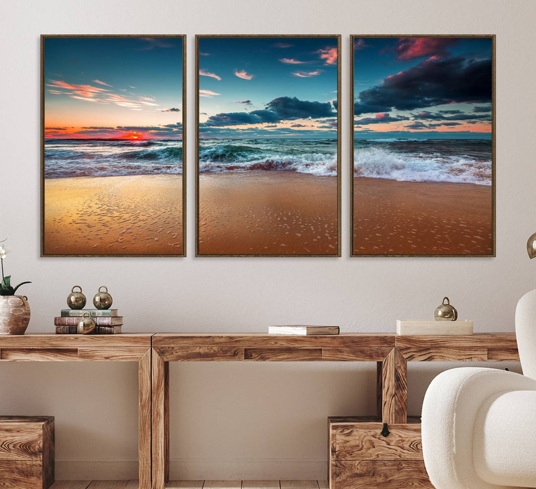 Sunset on Beach Wall Art: Waves under a vibrant sky. Crafted on museum-quality canvas, ready to hang and admire.