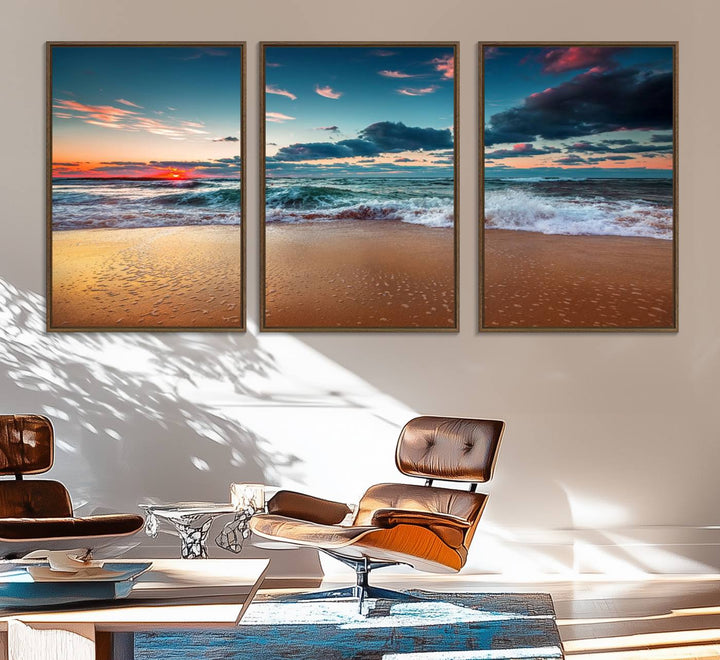 A large 3-panel sunset ocean beach canvas is displayed above the counter.