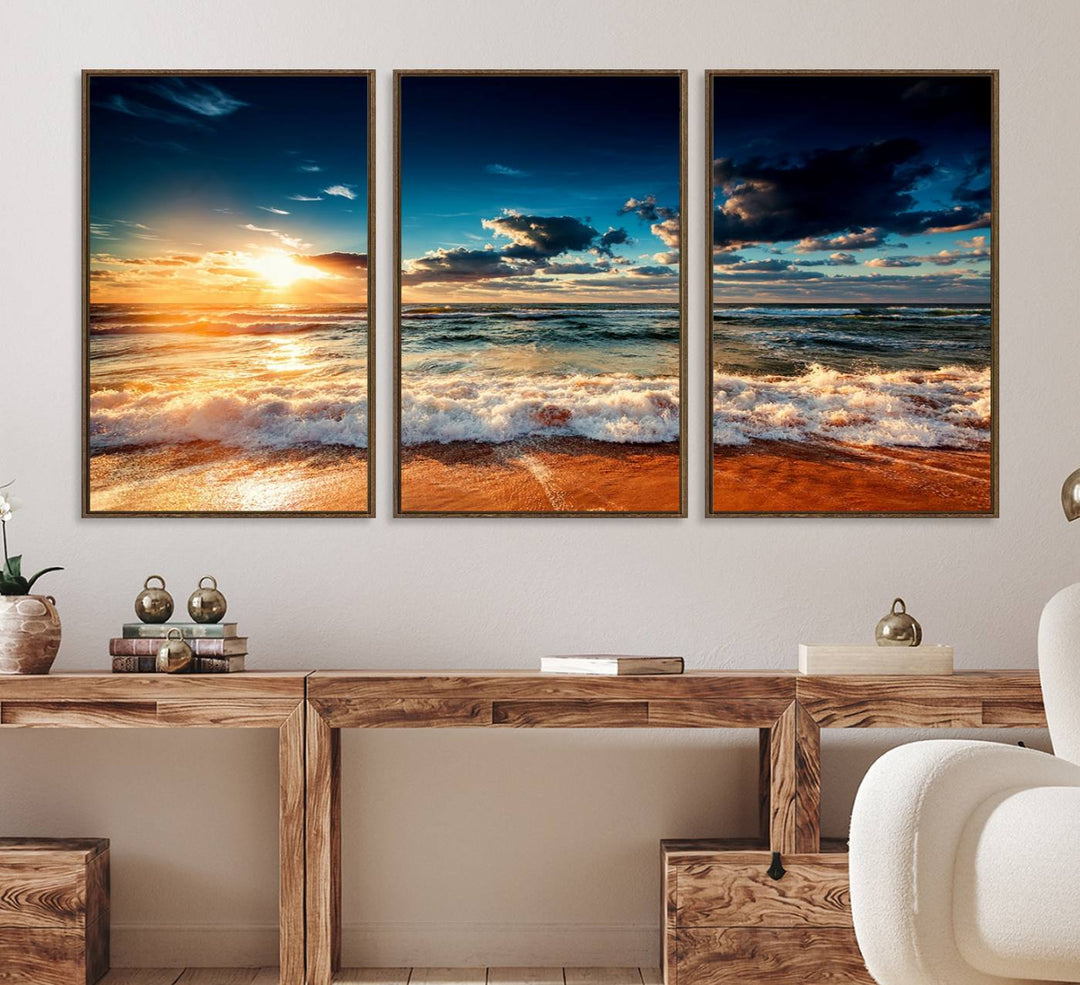 Golden Hour Sunset Over Ocean Waves Canvas: 3-Panel Coastal Landscape Art with Stunning Beach Photography Print.