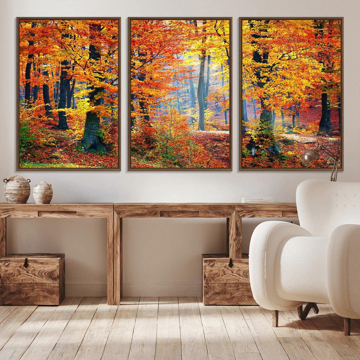 91746-MGV-CV-36X24-Autumn Red Forest Triptych Canvas Wall Art Print, Forest Wall Decor, Fall Landscape Art | Season