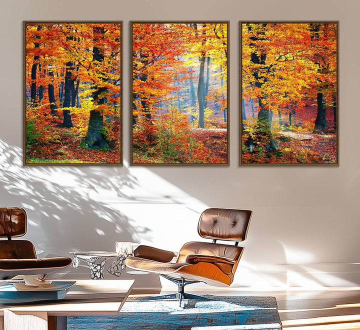 The room features an Autumn Red Forest Triptych Canvas Wall Art.