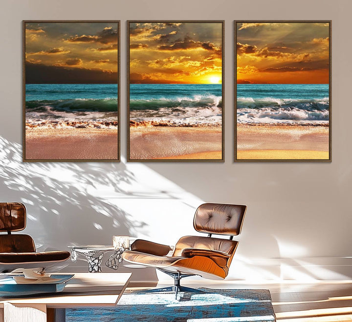 Golden Sunset Beach Canvas Triptych adorns the cozy room, creating a stunning focal point.