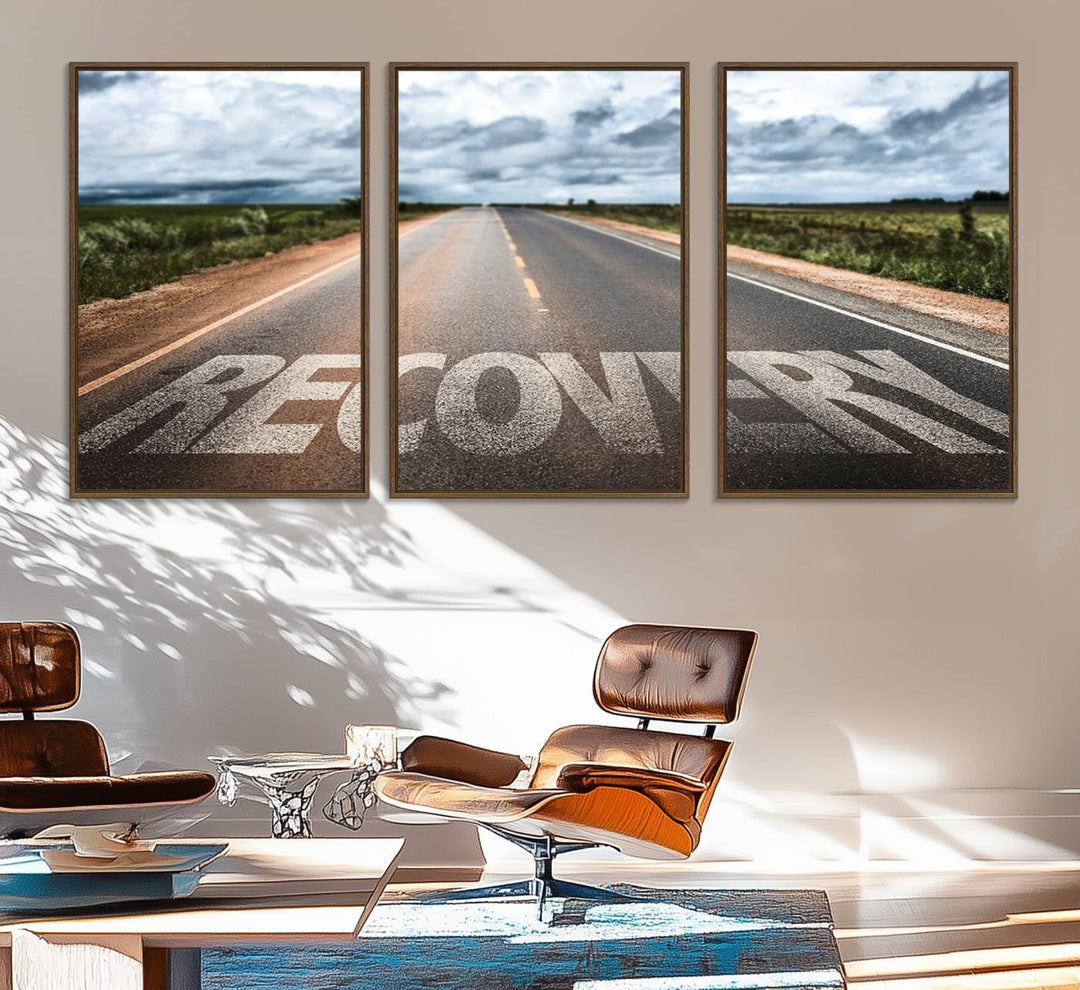 The Recovery Road Wall Art Canvas Print depicts a road under a cloudy horizon.