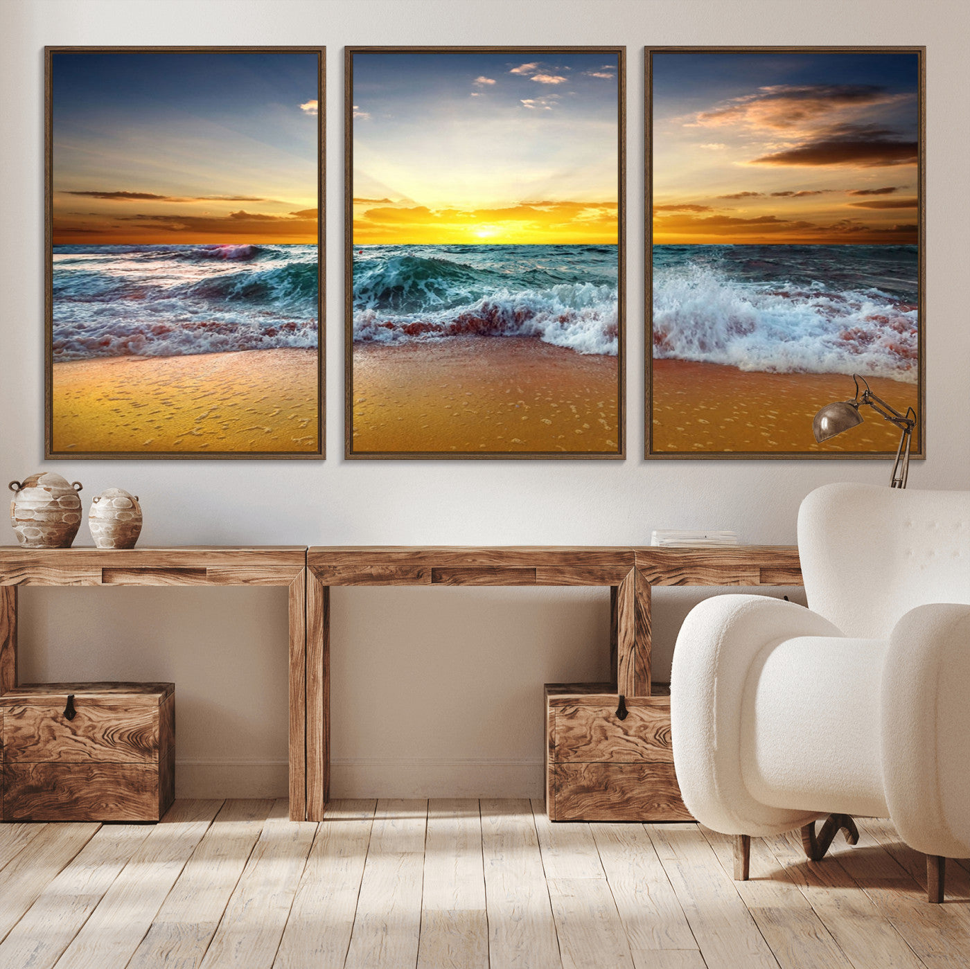 MGV-FC-60X30-3P - Golden Sunset Ocean Waves Wall Art Canvas Print – Multi Panel Beach Canvas Print Set – Large Coastal Triptych Print for Home or Farmhouse Decor