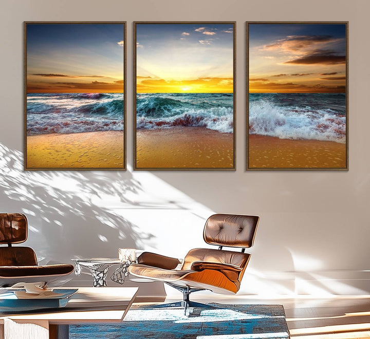 The kitchen features the Golden Sunset Ocean Waves multi-panel coastal wall art canvas.