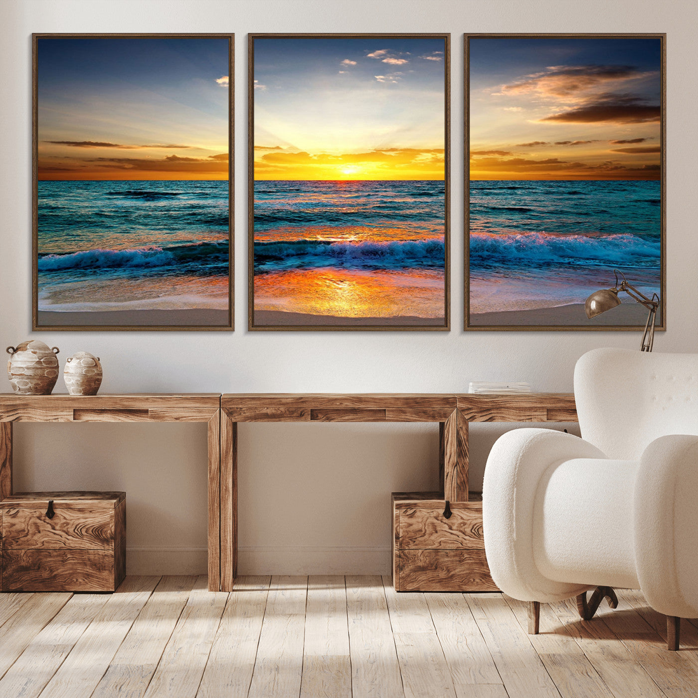 -Vibrant Ocean Sunrise Over Golden Beach Waves, Giclee Canvas Wall Art Set, High-Quality Stretched