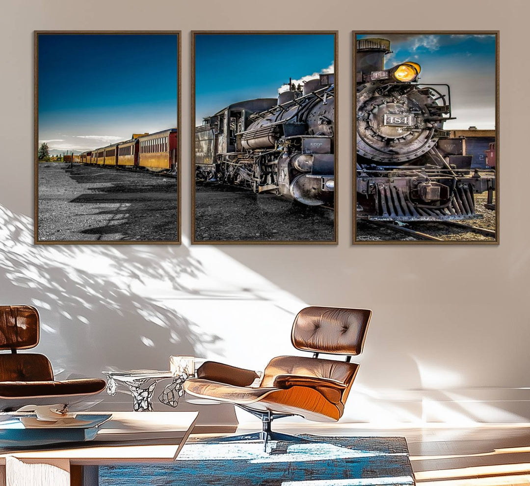 The Train Wall Art Canvas Print features a vintage steam train with a bright headlight.