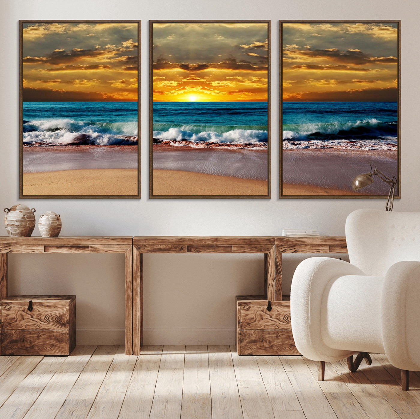 MGV-FC-60X30-3P - Ocean Sunrise Over Golden Beach Waves, Giclee Canvas Wall Art Set, High-Quality Stretched Canvas Print, Ready to Hang Coastal Sunset Wall Decor