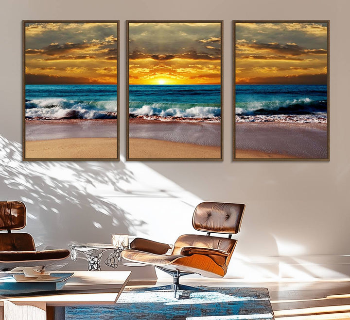 The Ocean Sunrise Over Golden Beach Waves wall art is prominently displayed, capturing the serene beauty of a beach at sunrise.