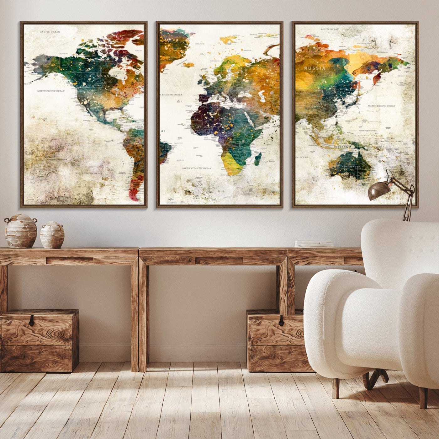 39605-MGV-CV-36X24-Vintage Watercolor World Map Canvas Wall Art – Framed Push Pin Travel Map for Home and Office Decor, Rustic Artistic World Map Artwork