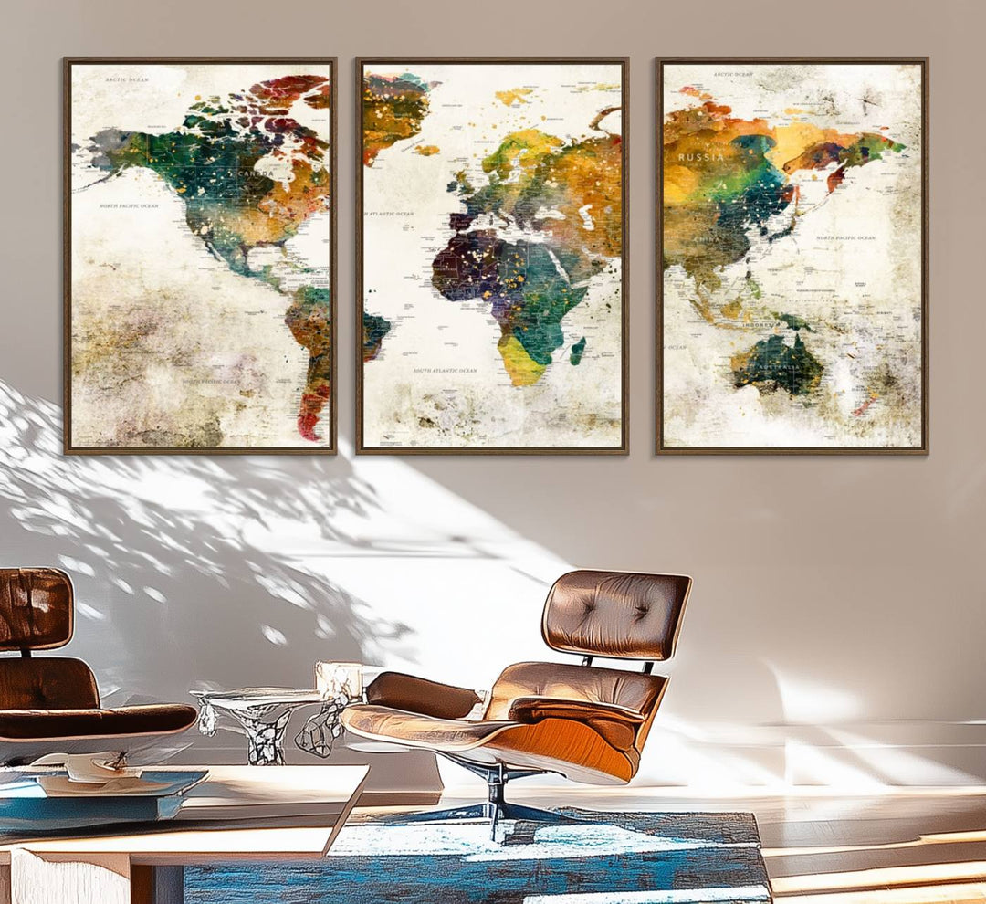 A 3-panel vintage world map canvas art is displayed.