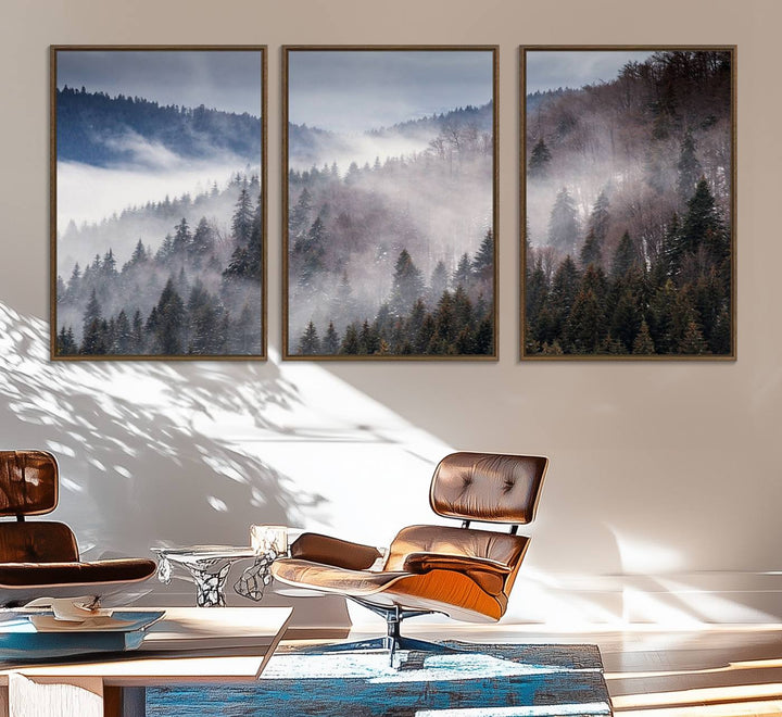 A museum-quality canvas of Beautiful Rising Fog in Winter Mountain Landscape hangs on the wall.