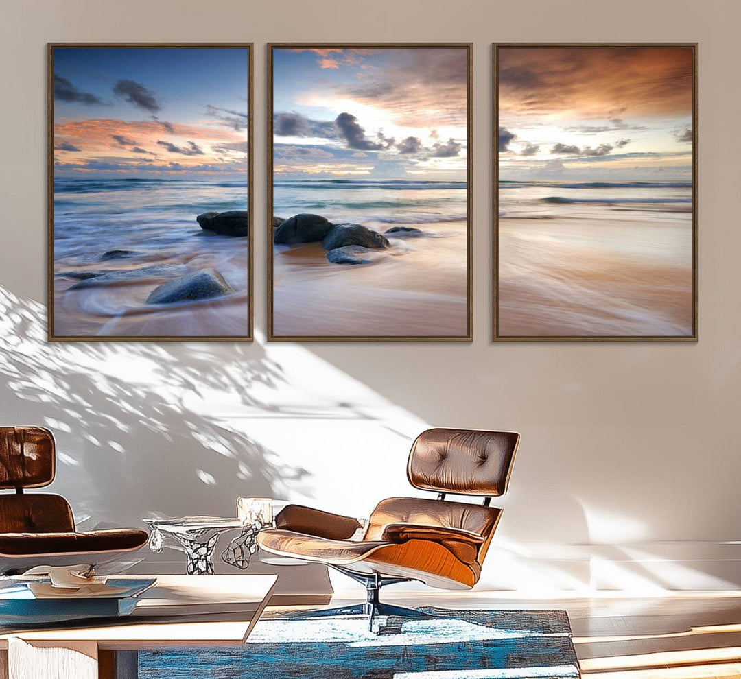 The Serene Weather On The Beach wall art canvas is ready to hang.