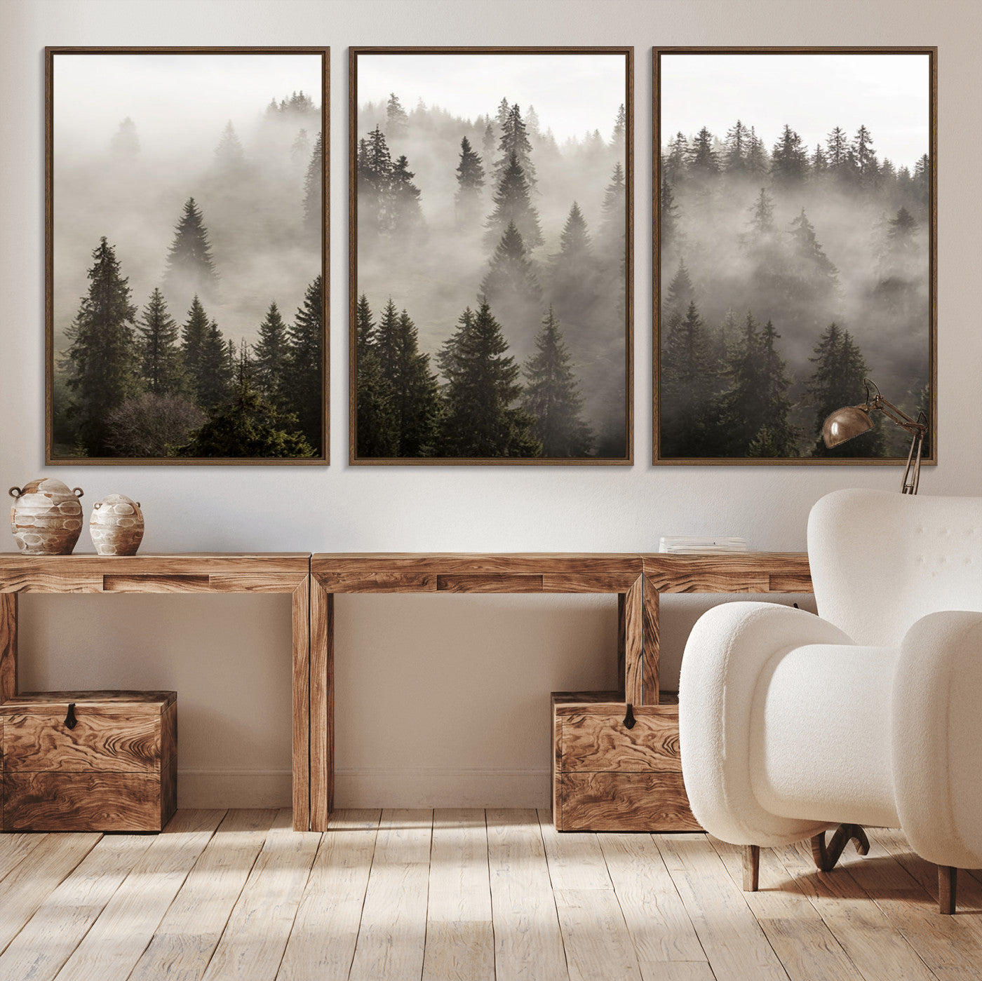 62862-MGV-CV-36X24-Foggy Mountain Wall Art | 3-Panel Foggy Forest and Mountain Landscape | Large Giclee Print for