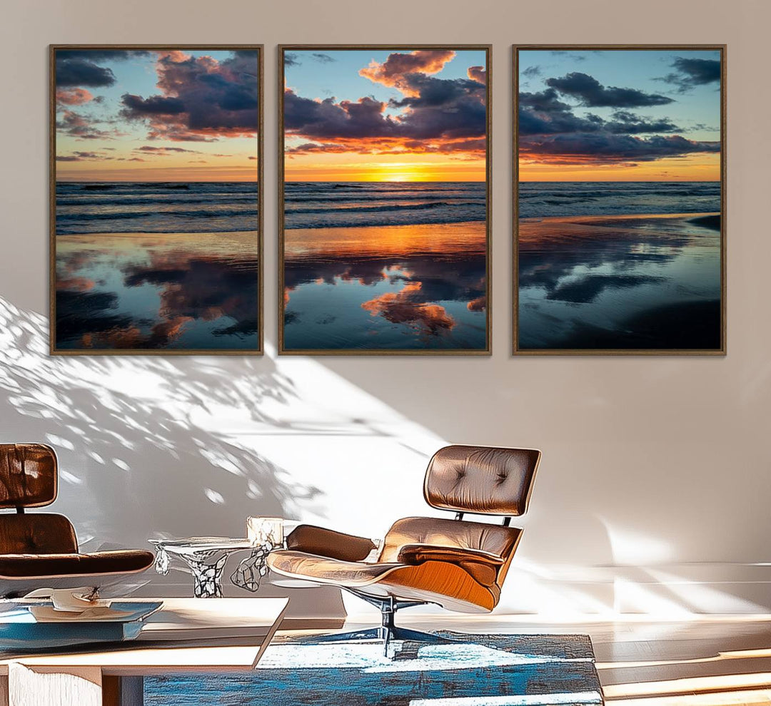 A Beach Sunset Print - Stunning Ocean Canvas Artwork adorns the wall.