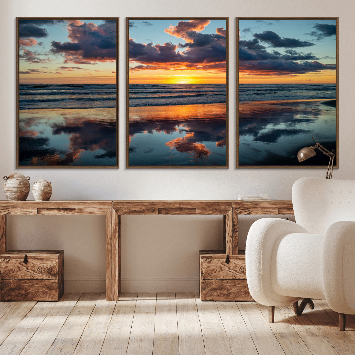 MGV-FC-60X30-3P - Beach Sunset Print - Stunning Ocean Canvas Artwork with Sunset Reflection Design for Elegant Home or