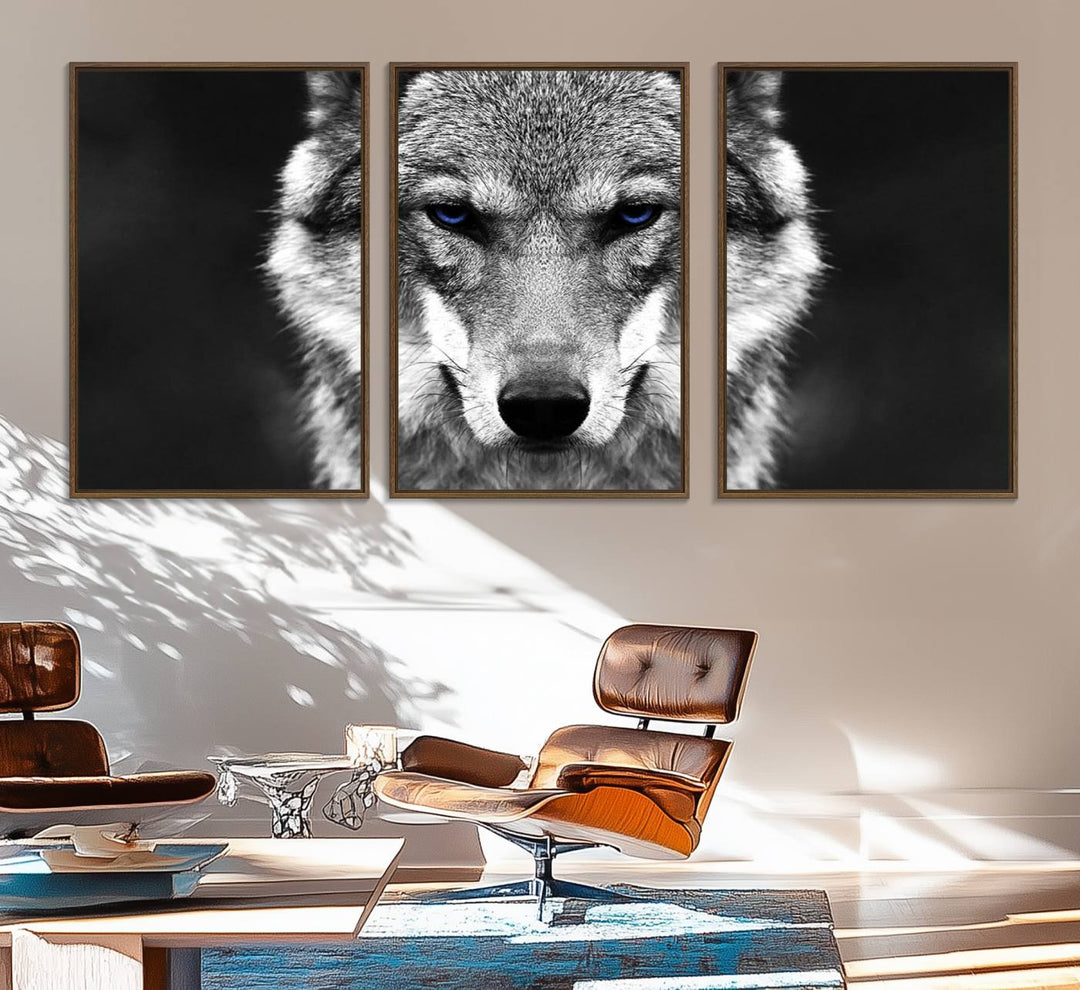 A ready-to-hang Black and White Wild Wolf Wall Art Canvas Print.