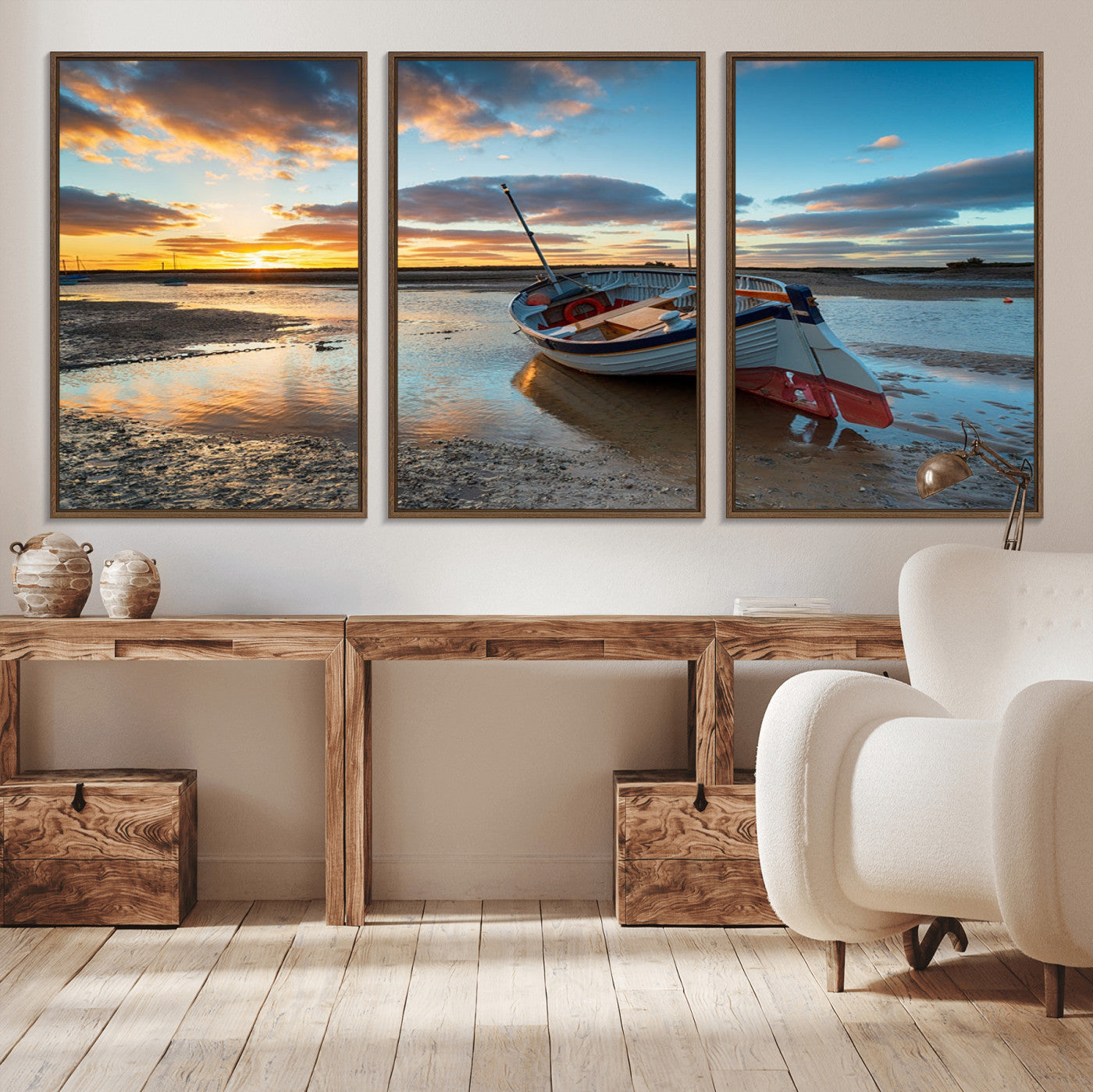 MGV-FC-60X30-3P - Small Boat At The Beach Sunset Wall Art, Boat Sunset Wall Art Canvas Print