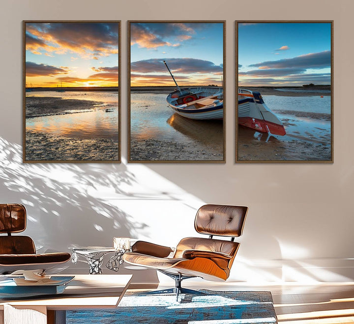 The Small Boat At The Beach Sunset wall art canvas print features UV coating, is museum-quality, and is ready to hang.