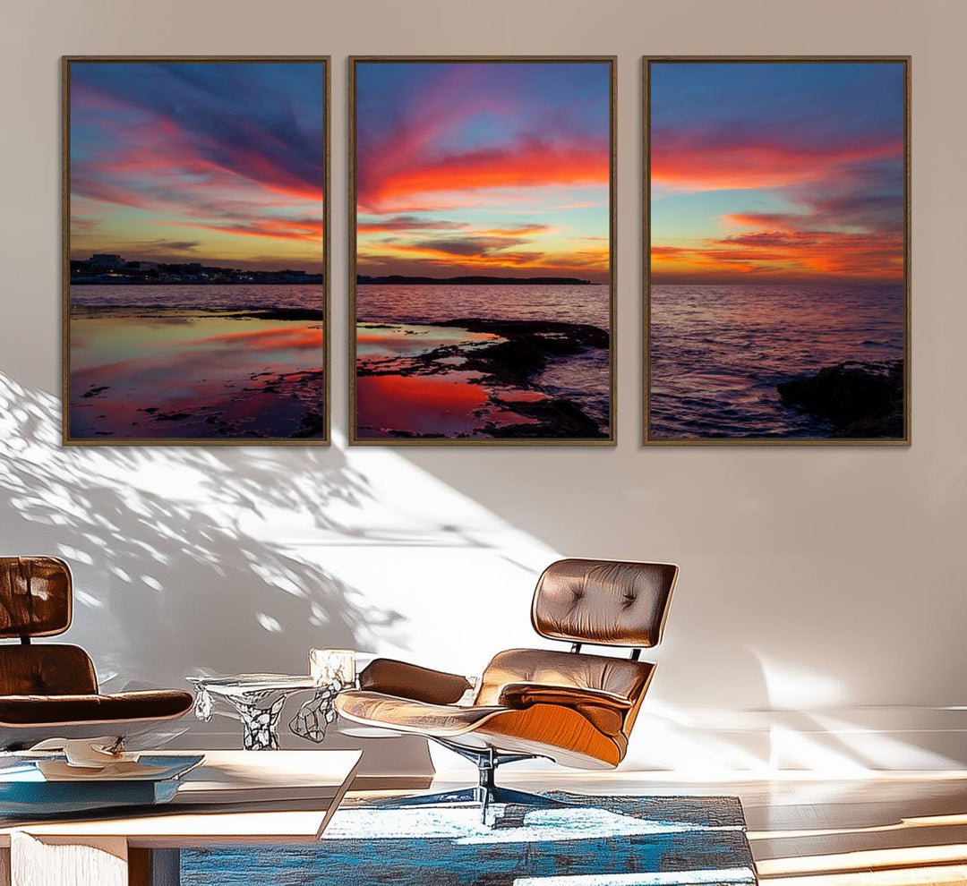 The Glorious Sunset on The Beach canvas print adorns the dining room.