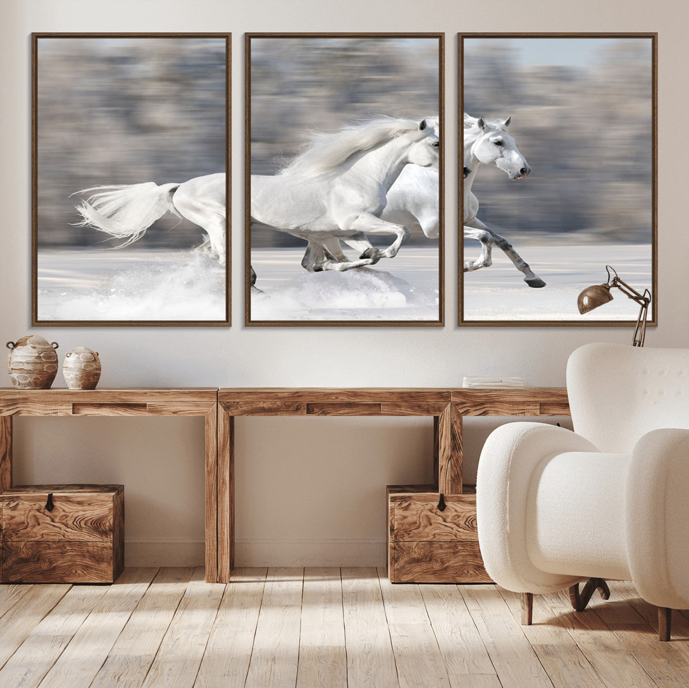 MGV-FC-60X30-3P - The White Horses Wall Art, Framed White Horses Wall Art Canvas Print