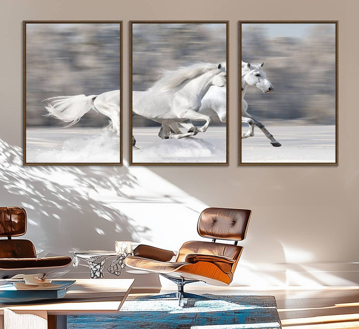 Museum-quality All The White Horses canvas print of two white horses in snow, ready to hang.