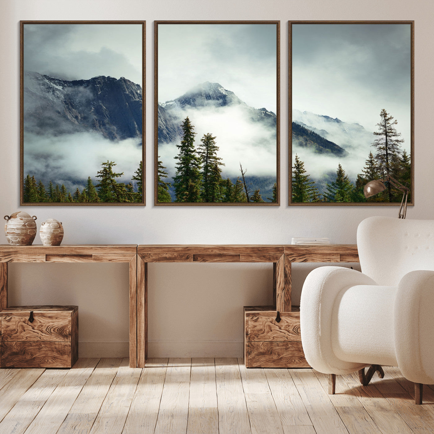 93219-MGV-CV-36X24-Mountain Mist Canvas Wall Art Print | 3-Panel Foggy Forest and Mountain Landscape | Large Giclee