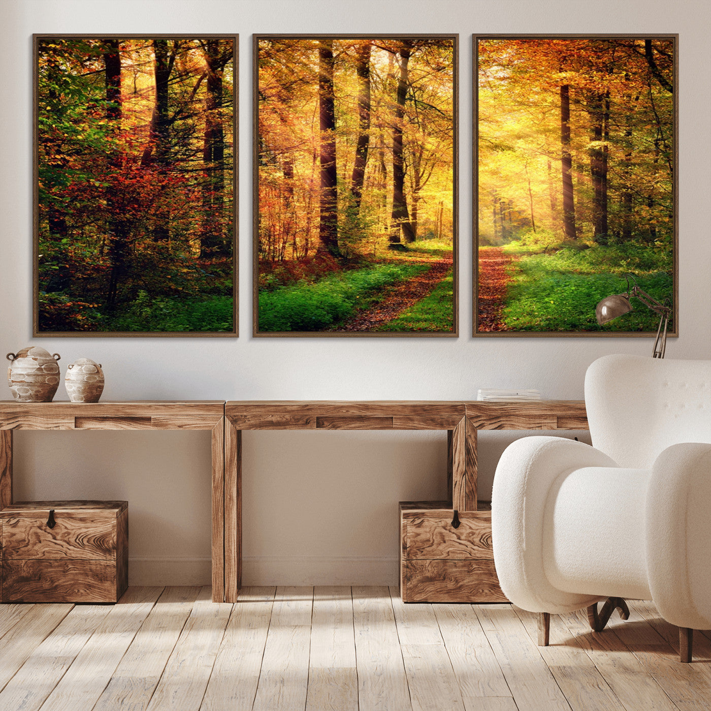 MGV-FC-60X30-3P - Sunlight Through Trees Wall Art Canvas Print - Autumn Forest Wall Art Canvas Print