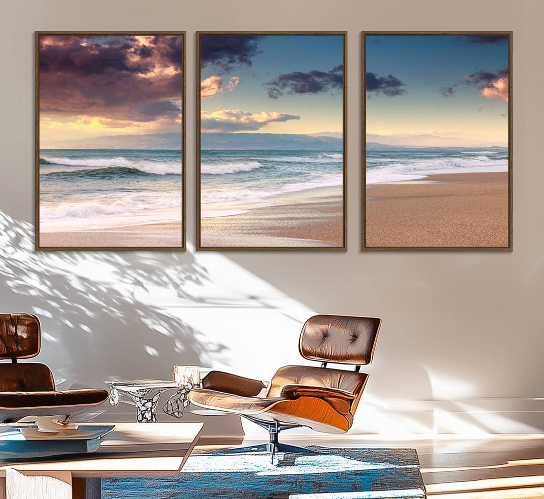 The dining area is enhanced with the Cloudy Weather Beach Sunset Canvas Print.