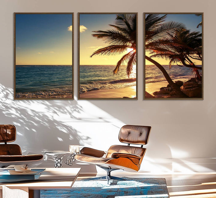 Sunset Palm Trees Wall Art Canvas Print: a serene beach scene on museum-quality canvas.