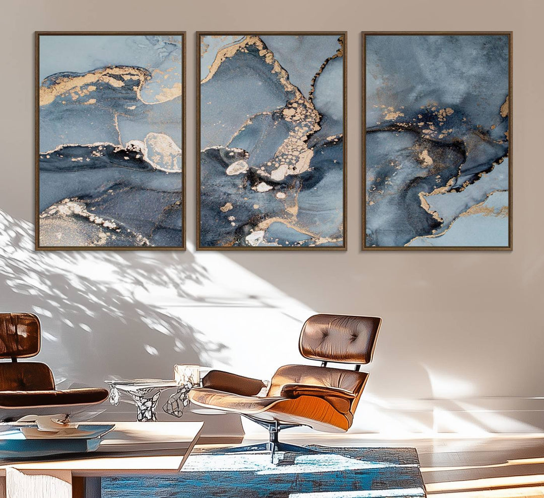 A Multipanel Marble Fluid Effect Canvas Print hangs prominently on the wall.