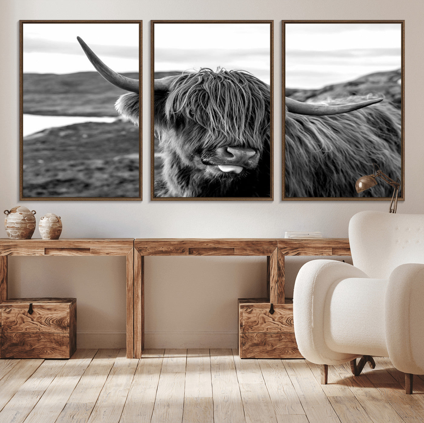 MGV-FC-60X30-3P - Longhorn Steer Canvas Print Wall Art, Highland Cow Canvas Wall Art – Black and White Animal Portrait