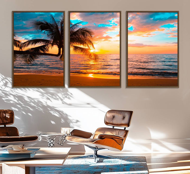 The Palm Tree Sunset On The Beach ready-to-hang canvas wall art—museum quality—brings a serene atmosphere to the room.