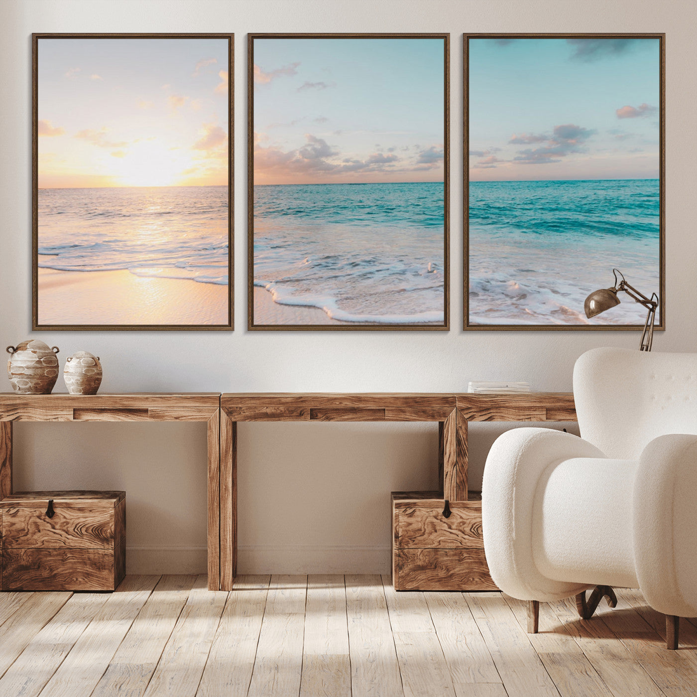 MGV-FC-60X30-3P - Tranquil Ocean Beach Sunset Canvas Wall Art | 3-Panel Coastal Decor