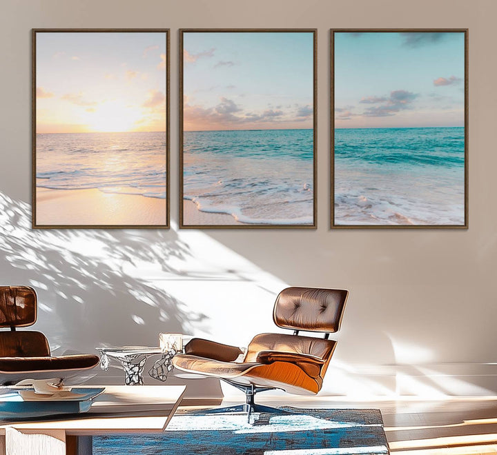 The room features a 3-panel Tranquil Ocean Beach Sunset Canvas Wall Art.