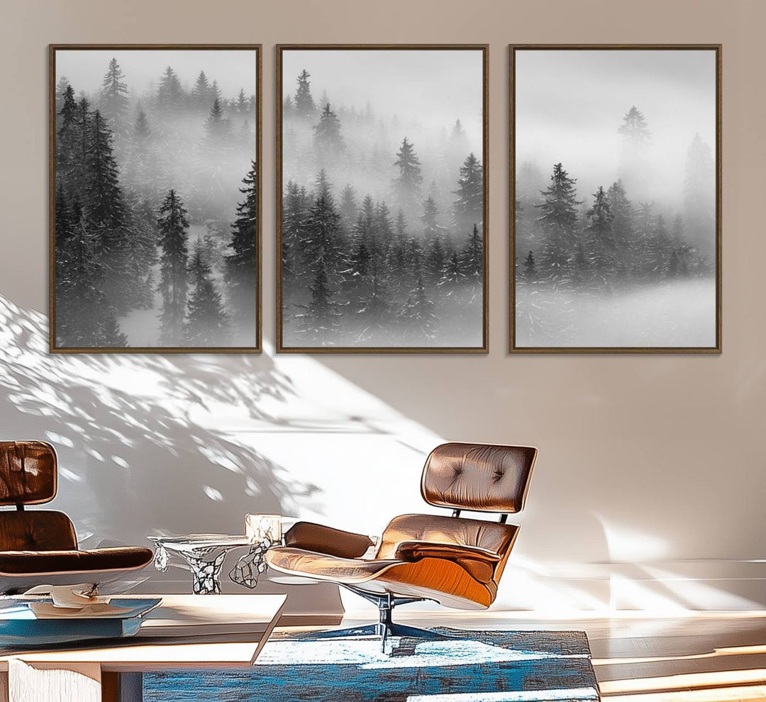 A stunning Foggy Misty Forest Canvas Wall Art adorns the kitchen wall.