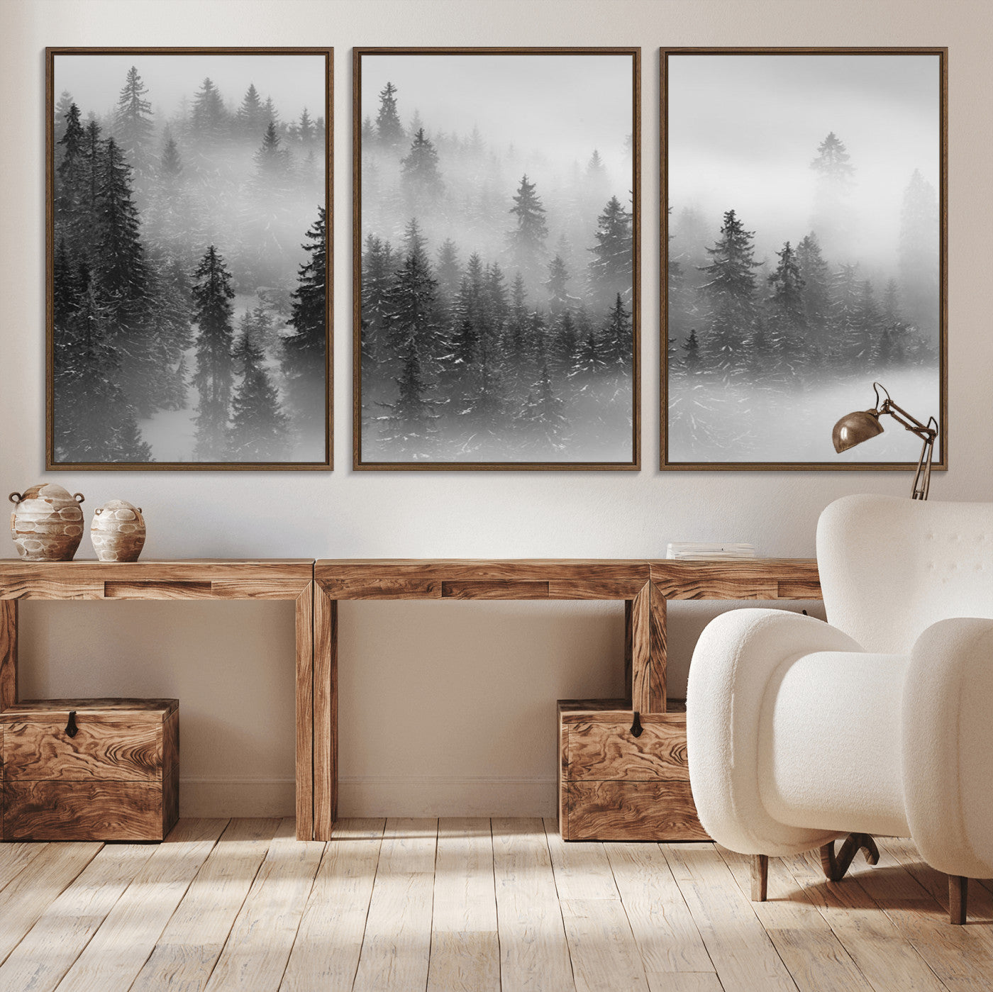 MGV-FC-60X30-3P - Foggy Misty Forest Canvas Wall Art – Black and White Landscape – Framed and Ready to Hang Modern