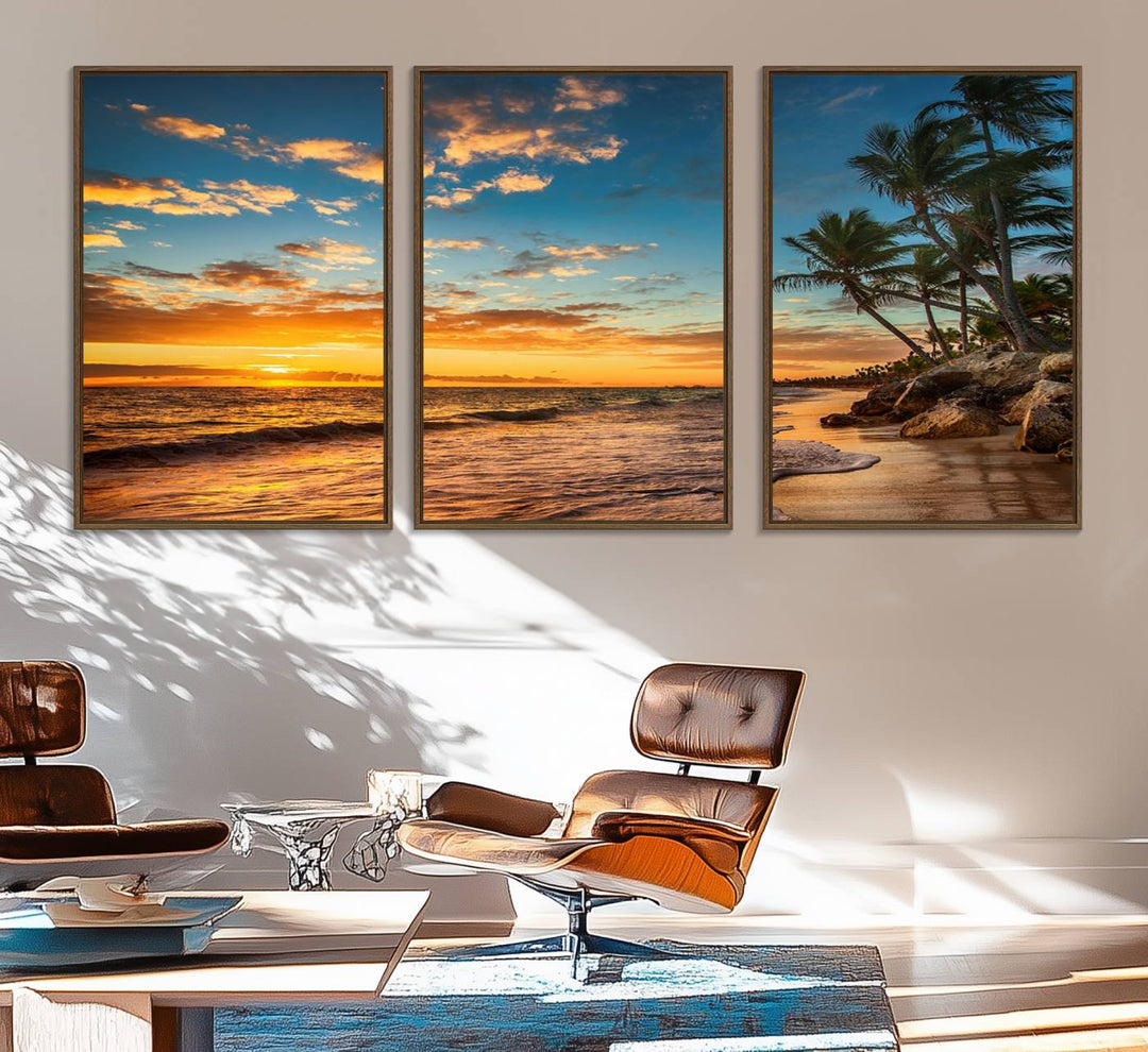 A stunning beach sunset on a museum-quality Sunset Wall Art Canvas Print adorns the kitchen wall.