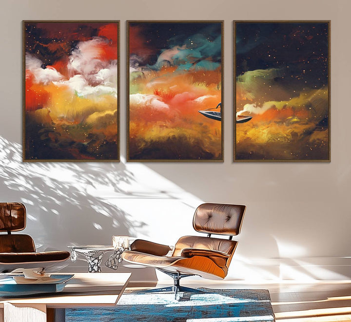 Surreal Space Adventure Canvas Wall Art features a person in a boat.