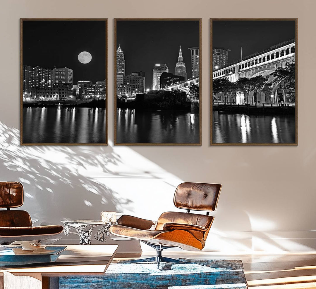 Cleveland Night Skyline Canvas Print: A museum-quality piece, ready to hang, featuring a stunning full moon and its reflections below.