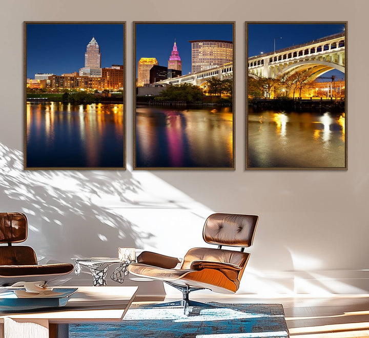 Cleveland Night Skyline Canvas: Cityscape with an illuminated bridge reflecting on calm water.