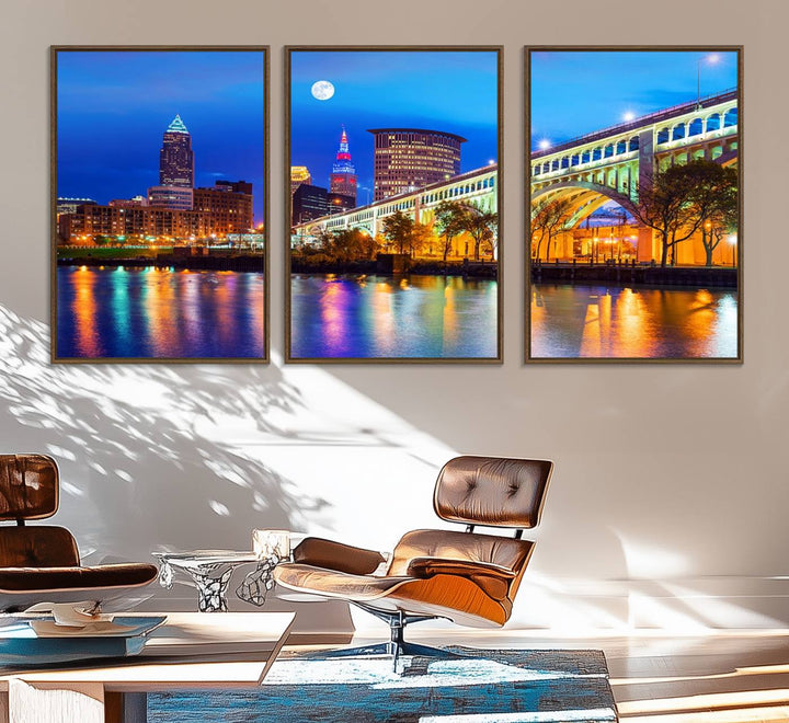 A Cleveland Night Skyline Wall Art on museum-quality canvas showcases a bridge and illuminated buildings.