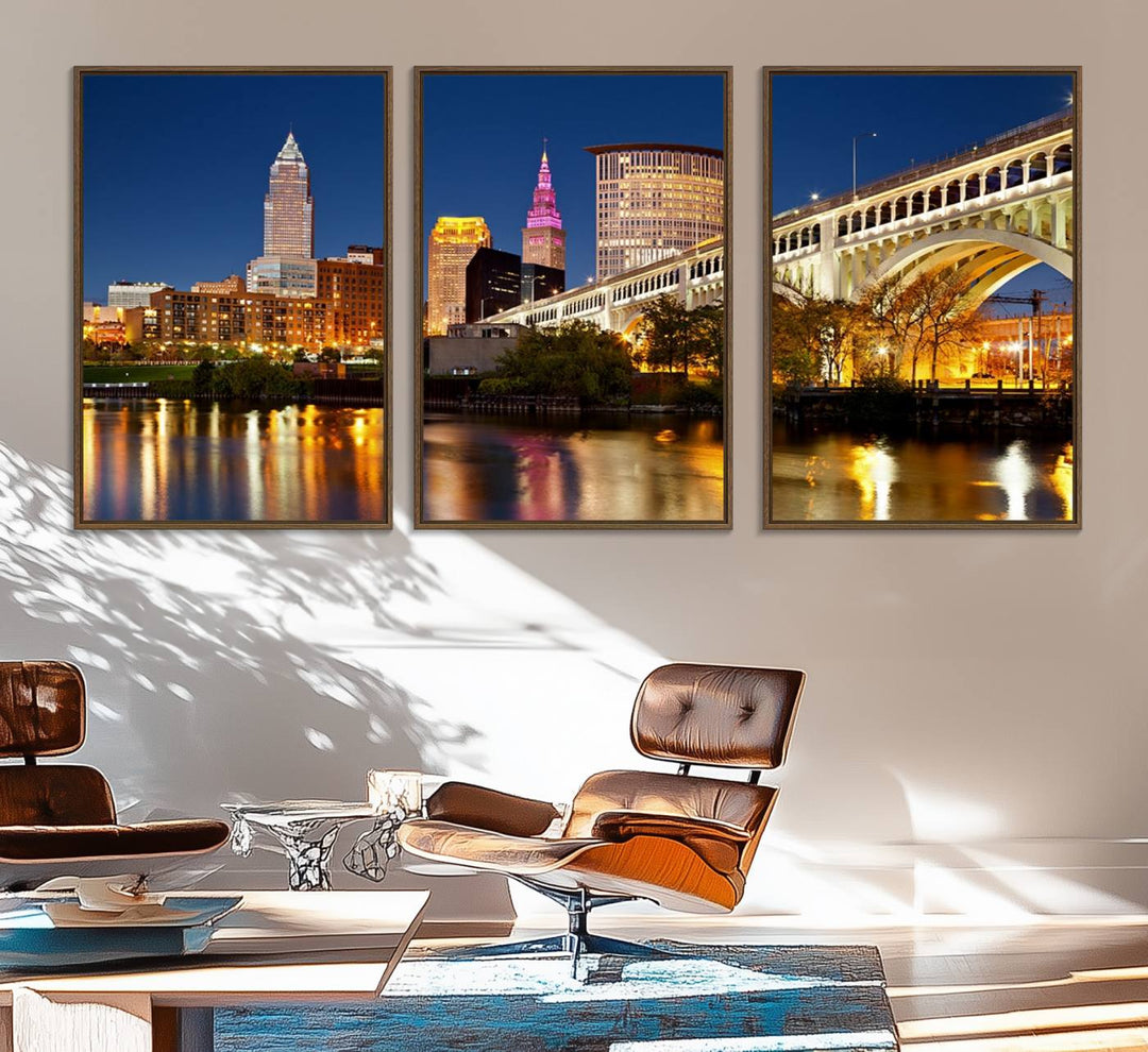 The Cleveland City Lights Canvas showcases a lit-up bridge and cityscape at night.