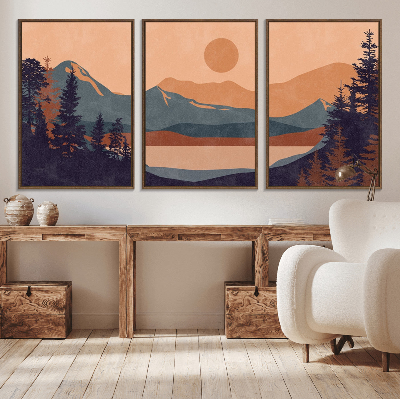 MGV-FC-60X30-3P - Modern Boho Sunset Canvas Print, Mountain Landscape Triptych – Giclée Canvas Art Print for Living