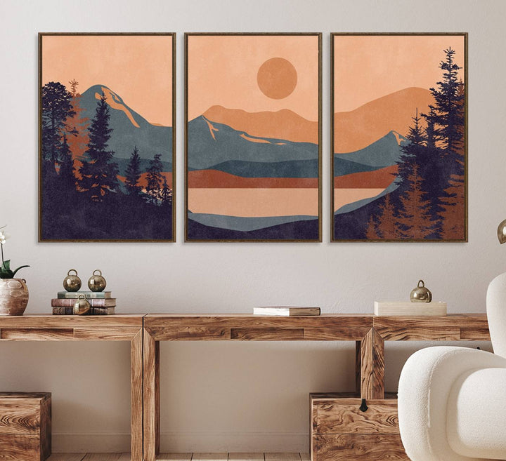 The Modern Boho Sunset Triptych displays a mountain sunset.