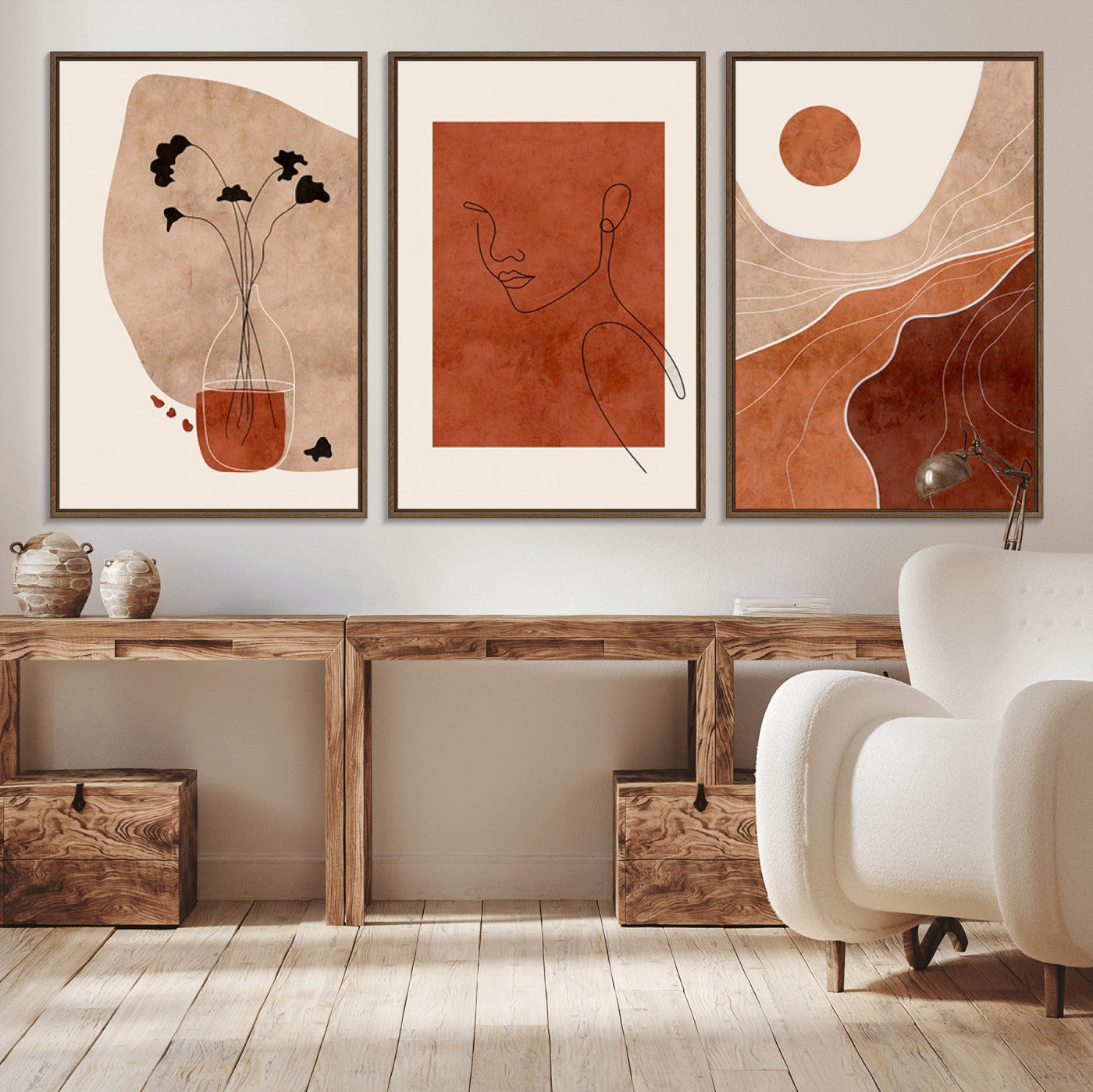 MGV-FC-60X30-3P - Boho Sunset Mountain Canvas Print, Modern Boho Sunset Mountain Landscape Triptych – Giclée Canvas