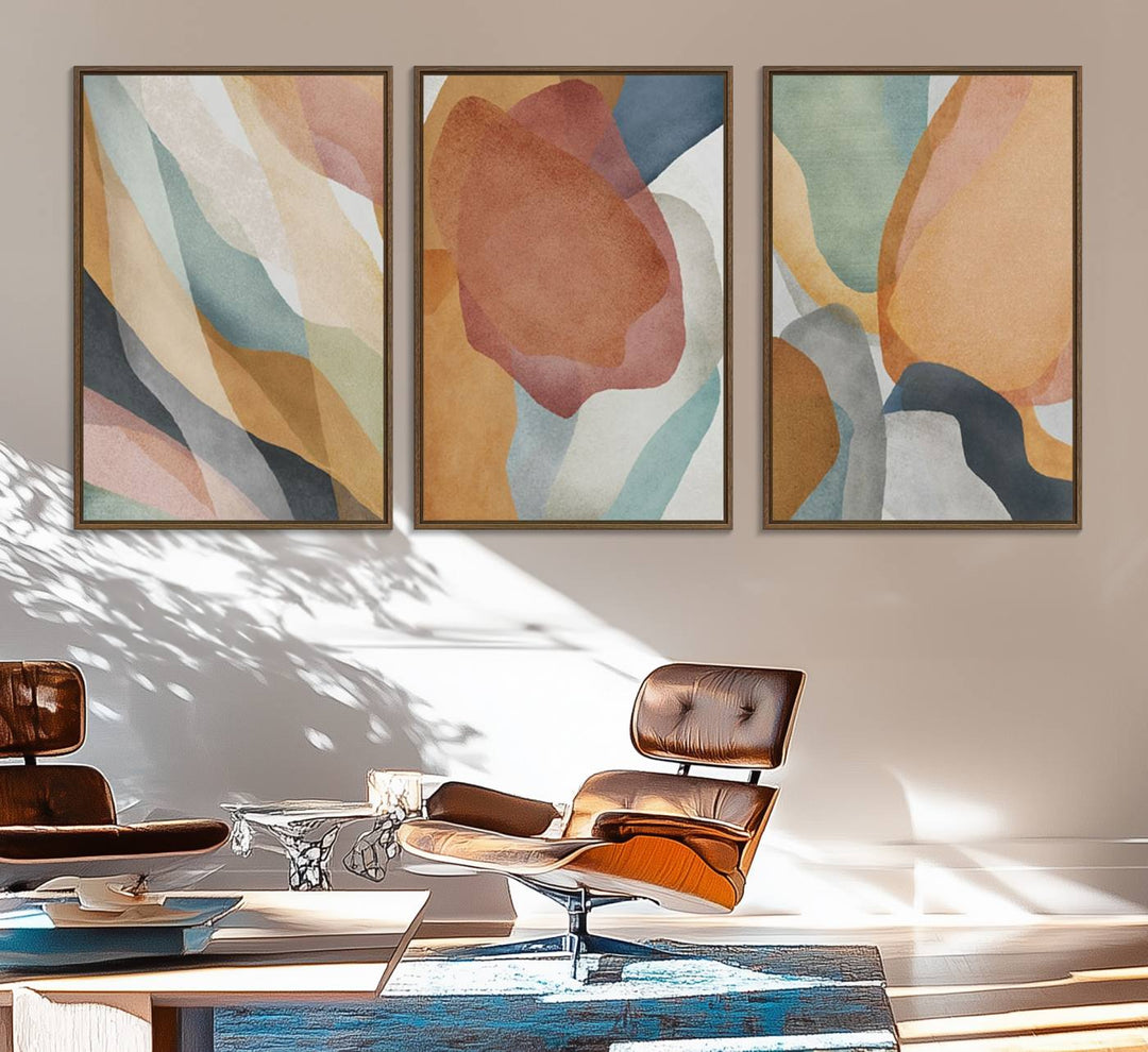 Boho Wall Art Canvas Print Set with warm earthy tones hangs prominently, showcasing its vibrant design.