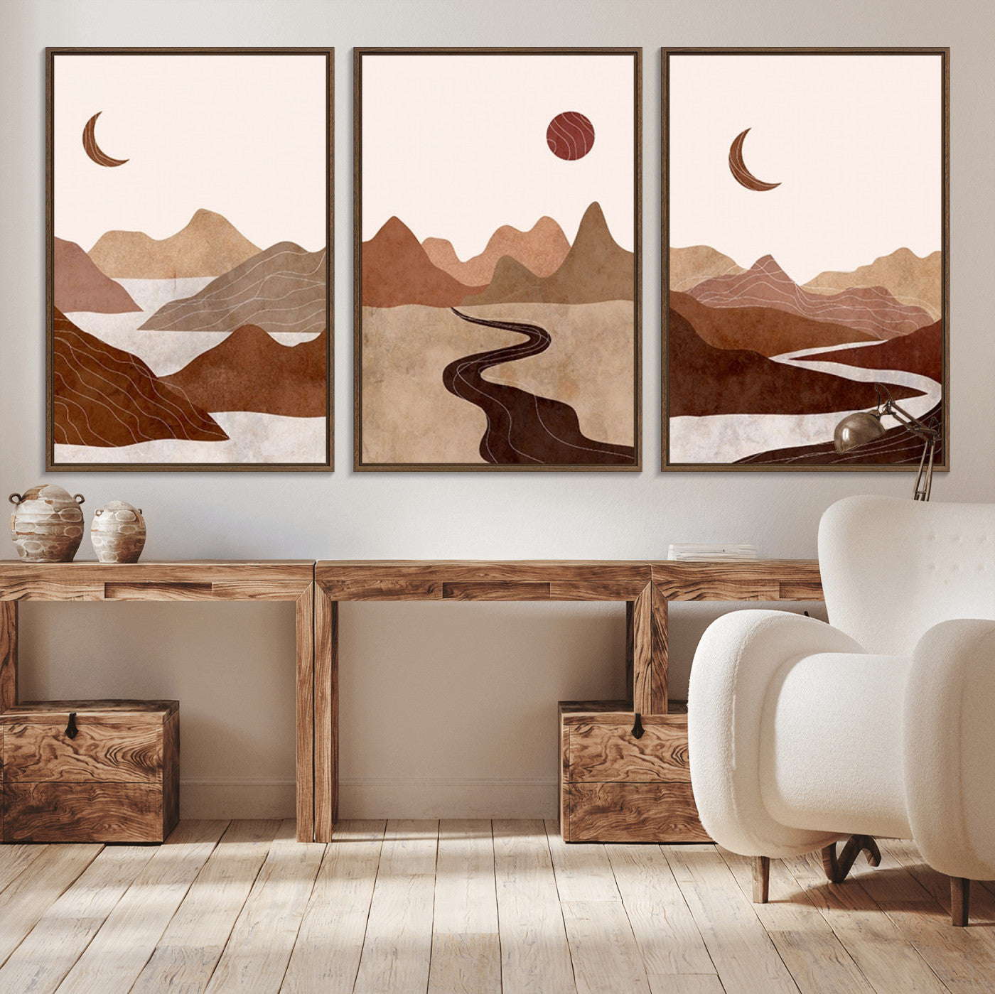 MGV-FC-60X30-3P - Boho Wall Art Canvas Print Set Mid-Century Prints Bohemian Wall Artwork Prints Boho Neutral