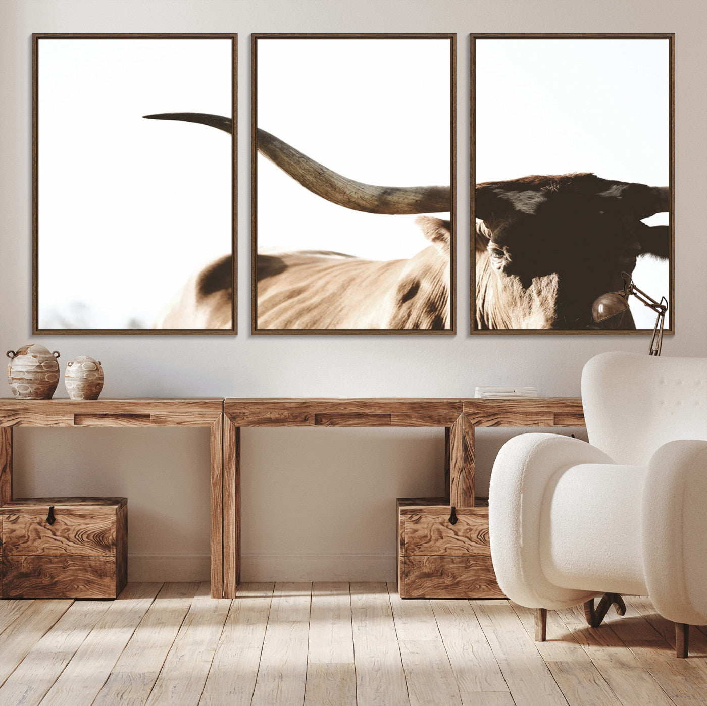 MGV-FC-60X30-3P - Texas Longhorn Wall Art Canvas Print | 3-Panel Large Longhorn Canvas Print for Living Room, Framed Gallery Wrap Office, Rustic Western Cowboy Decor
